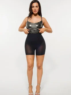 Metallic Cowl Neck Side Ruched Sculpting Tummy Control Midi Dress