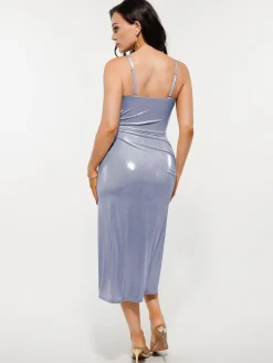Metallic Cowl Neck Side Ruched Sculpting Tummy Control Midi Dress