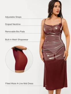 Metallic Cowl Neck Side Ruched Sculpting Tummy Control Midi Dress