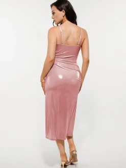 Metallic Cowl Neck Side Ruched Sculpting Tummy Control Midi Dress