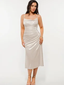 Metallic Cowl Neck Side Ruched Sculpting Tummy Control Midi Dress