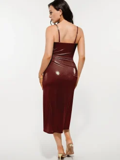 Metallic Cowl Neck Side Ruched Sculpting Tummy Control Midi Dress