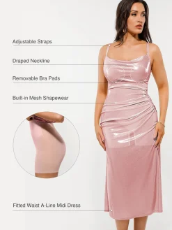 Metallic Cowl Neck Side Ruched Sculpting Tummy Control Midi Dress