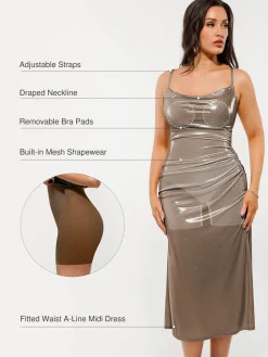 Metallic Cowl Neck Side Ruched Sculpting Tummy Control Midi Dress