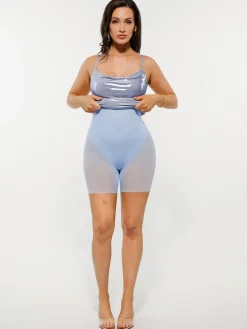 Metallic Cowl Neck Side Ruched Sculpting Tummy Control Midi Dress