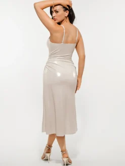 Metallic Cowl Neck Side Ruched Sculpting Tummy Control Midi Dress