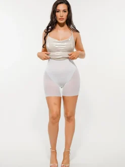 Metallic Cowl Neck Side Ruched Sculpting Tummy Control Midi Dress