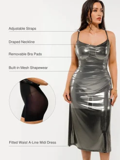 Metallic Cowl Neck Side Ruched Sculpting Tummy Control Midi Dress