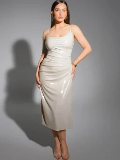 Metallic Cowl Neck Side Ruched Sculpting Tummy Control Midi Dress
