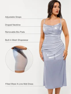 Metallic Cowl Neck Side Ruched Sculpting Tummy Control Midi Dress