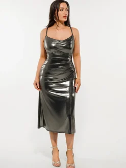 Metallic Cowl Neck Side Ruched Sculpting Tummy Control Midi Dress