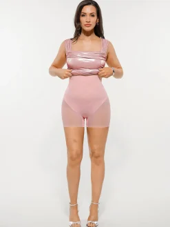 Metallic Off-The Shoulder Ruched Sculpting Tummy Control Mini Dress