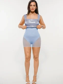 Metallic Off-The Shoulder Ruched Sculpting Tummy Control Mini Dress