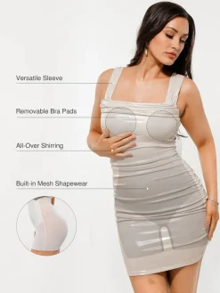 Metallic Off-The Shoulder Ruched Sculpting Tummy Control Mini Dress