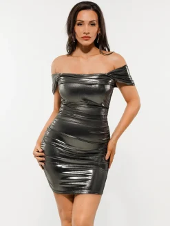 Metallic Off-The Shoulder Ruched Sculpting Tummy Control Mini Dress