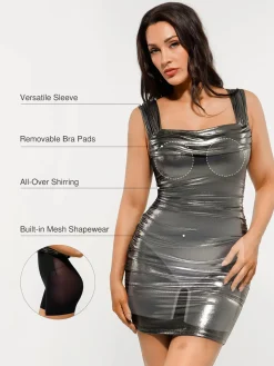 Metallic Off-The Shoulder Ruched Sculpting Tummy Control Mini Dress