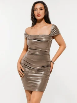 Metallic Off-The Shoulder Ruched Sculpting Tummy Control Mini Dress