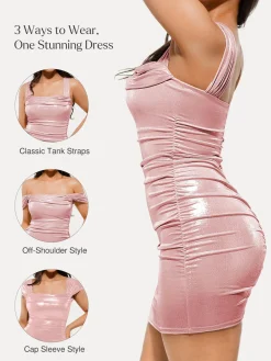Metallic Off-The Shoulder Ruched Sculpting Tummy Control Mini Dress