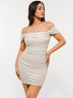 Metallic Off-The Shoulder Ruched Sculpting Tummy Control Mini Dress
