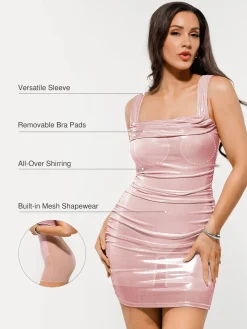 Metallic Off-The Shoulder Ruched Sculpting Tummy Control Mini Dress