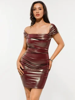 Metallic Off-The Shoulder Ruched Sculpting Tummy Control Mini Dress