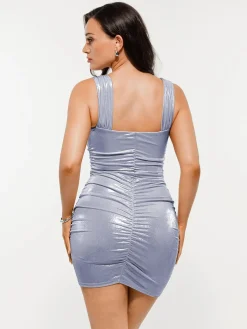 Metallic Off-The Shoulder Ruched Sculpting Tummy Control Mini Dress