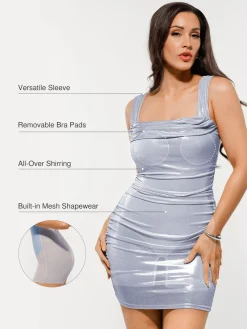 Metallic Off-The Shoulder Ruched Sculpting Tummy Control Mini Dress