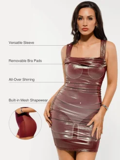 Metallic Off-The Shoulder Ruched Sculpting Tummy Control Mini Dress