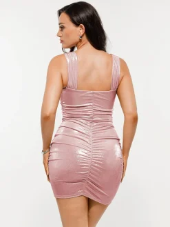 Metallic Off-The Shoulder Ruched Sculpting Tummy Control Mini Dress