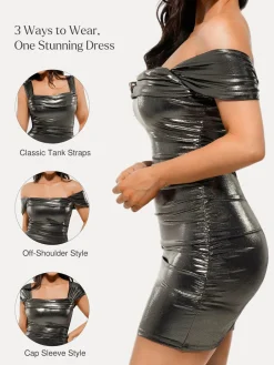 Metallic Off-The Shoulder Ruched Sculpting Tummy Control Mini Dress