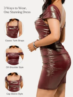 Metallic Off-The Shoulder Ruched Sculpting Tummy Control Mini Dress