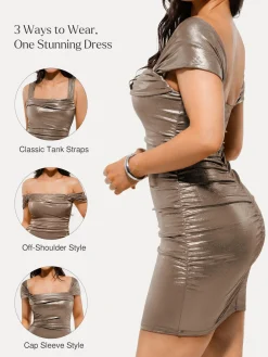 Metallic Off-The Shoulder Ruched Sculpting Tummy Control Mini Dress