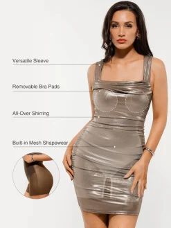 Metallic Off-The Shoulder Ruched Sculpting Tummy Control Mini Dress