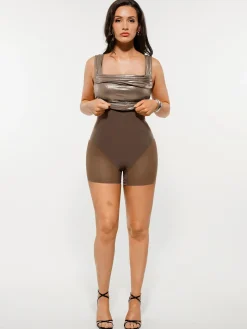 Metallic Off-The Shoulder Ruched Sculpting Tummy Control Mini Dress