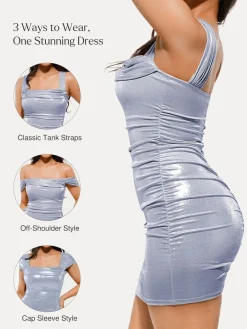 Metallic Off-The Shoulder Ruched Sculpting Tummy Control Mini Dress