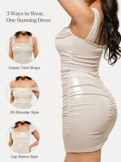 Metallic Off-The Shoulder Ruched Sculpting Tummy Control Mini Dress