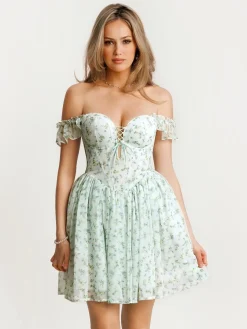 Off-The-Shoulder Sculpting Corset Fit & Flare Mini Dress