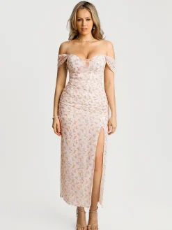 Off-The-Shoulder Sculpting Floral Print Maxi Dress