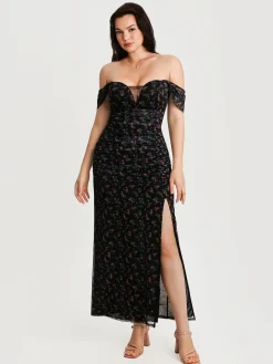 Off-The-Shoulder Sculpting Floral Print Maxi Dress