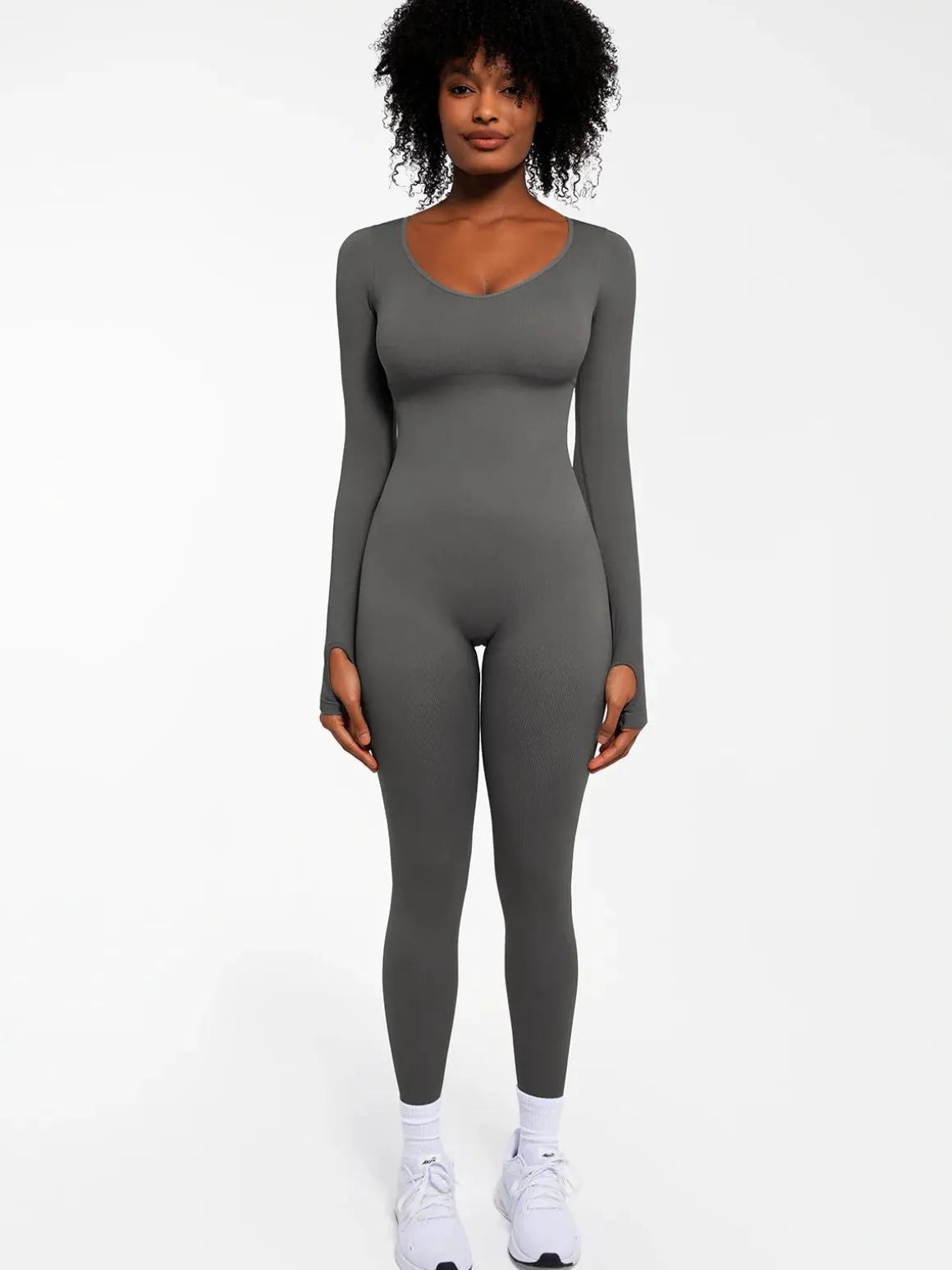 Popilush Ribbed U Neck Built-in Bra Tummy Control Jumpsuit