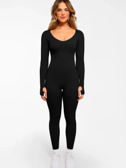 Popilush Ribbed U Neck Built-in Bra Tummy Control Jumpsuit
