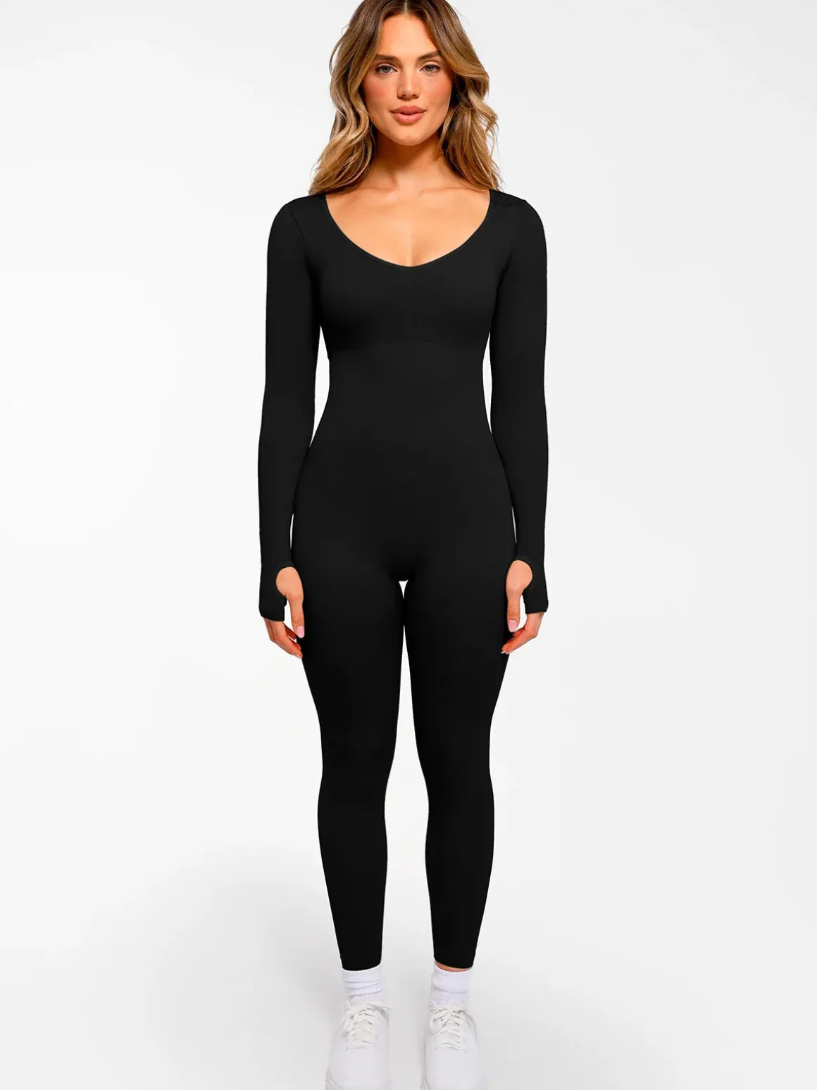 Popilush Ribbed U Neck Built-in Bra Tummy Control Jumpsuit