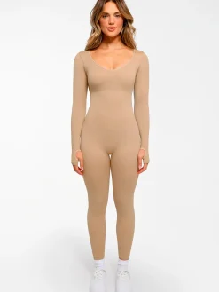 Popilush Ribbed U Neck Built-in Bra Tummy Control Jumpsuit