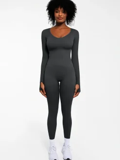 Popilush Ribbed U Neck Built-in Bra Tummy Control Jumpsuit