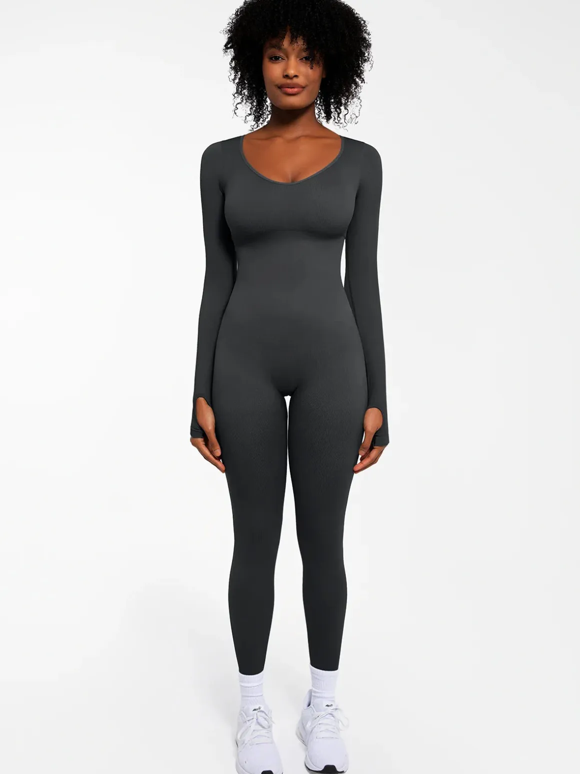 Popilush Ribbed U Neck Built-in Bra Tummy Control Jumpsuit