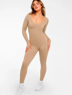 Popilush Ribbed U Neck Built-in Bra Tummy Control Jumpsuit