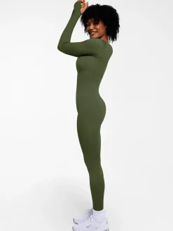 Popilush Ribbed U Neck Built-in Bra Tummy Control Jumpsuit