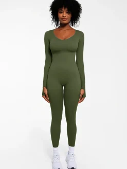 Popilush Ribbed U Neck Built-in Bra Tummy Control Jumpsuit