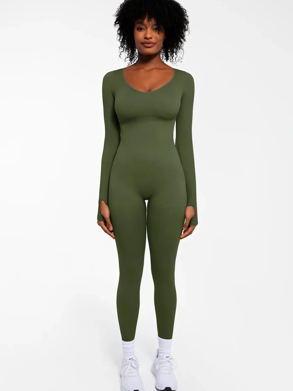 Popilush Ribbed U Neck Built-in Bra Tummy Control Jumpsuit