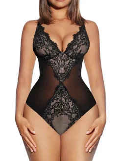Popilush V Neck Tummy Control Low Back Thong Bodysuit